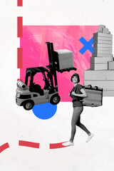 Exclusive image vertical photo collage of happy courier girl carry bag parcel shipment loader truck put box stack postal service
