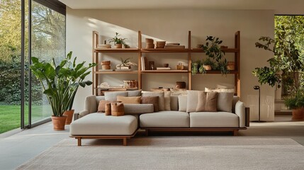 Fototapeta premium Smart home storage solutions with modular and expandable shelving.