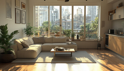 Modern living room with a sofa and coffee table, a kitchen area in the background, the interior design of a modern apartment, a minimalist style, a city view outside the window, hyper-realistic.