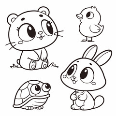 Obraz premium Cute cartoon animals, line drawing style, kawaii, chibi, cat, dog, turtle, hamster, rabbit, chick, simple black and white outlines, round shapes, big eyes, adorable expressions, minimalist design, chi