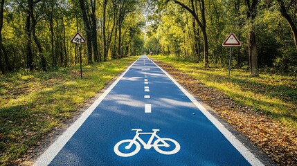 Obraz premium A freshly paved cycling trail with a bright blue lane and directional signs.
