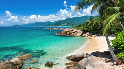 Obraz premium Stunning view of the rocky coastline with calm turquoise waters.