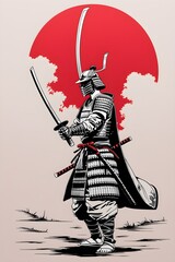 Fototapeta premium Lone Samurai Warrior Holding a Katana with a Red Sun in Traditional Japanese Ink Brush Style