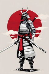 Fototapeta premium Lone Samurai Warrior Holding a Katana with a Red Sun in Traditional Japanese Ink Brush Style