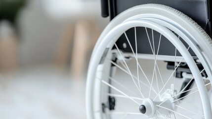 Wheelchair wheel, home interior, blurry background, disability support
