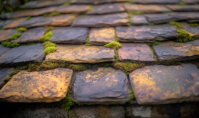 Close up of old stone roof with moss growing in between the stone tiles