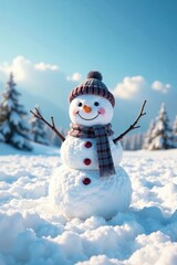 Happy snowman standing in a field of snow with a clear blue sky above , frosty view, snow field
