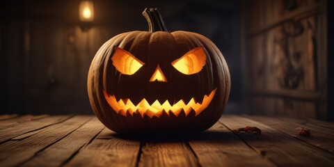Obraz premium Haunted pumpkin carving on wooden planks with eerie glow, Halloween, glow, eerie