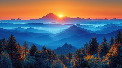 Obraz premium Majestic sunrise over layered mountains with vibrant colors and forest foreground.
