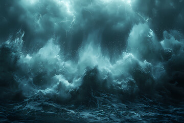 Fototapeta premium A vibrant painting depicting a tumultuous thunderstorm with swirling dark clouds, flashes of lightning, and pouring rain.