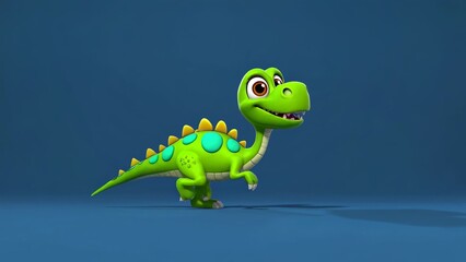 Fototapeta premium Fun-loving green cartoon dinosaur with yellow spikes running happily on plain blue background, perfect for children's book illustrations or educational materials