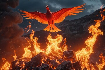 Epic Firebird Transformation in Flames a Legendary Fantasy Creature Rising from the Fire