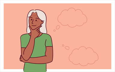 An elderly woman with short hair stands lost in thought. Her serious expression conveys deep reflection and life experience