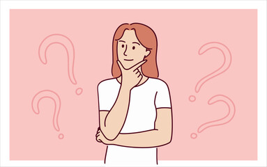 A young woman is lost in thought with question marks floating around her. Her expression reflects uncertainty and decision-making