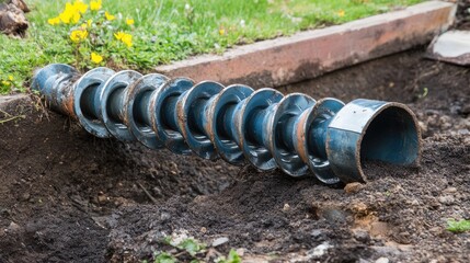 Fototapeta premium A metal drain auger partially coiled next to an open pipe, ready for use.