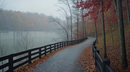 Naklejka premium A misty morning along the cycling trail, with fog rolling over the dam's surface.