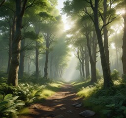 lush green forest with natural sunlight filtering through trees, outdoors, sunlight, nature