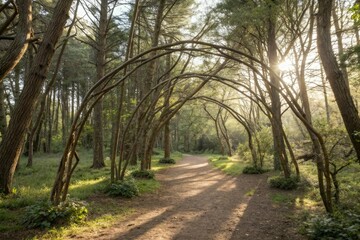 Obraz premium Delicate arches formed by slender tree branches in a sunlit forest clearing, organic shapes, greenery, leaves