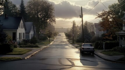 Fototapeta premium A neighborhood road with broad curb lanes leading to a residential area.