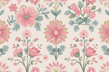 Charming Floral and Classic Motif Pastel Pink Cream Wallpaper Seamless Design for Kids Room and Nursery Decor