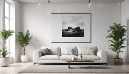 Modern white living room with a sleek sofa and an oversized poster on the wall, interior design, living room