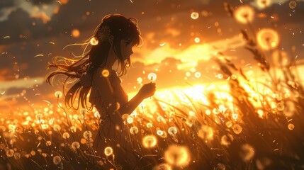 A serene silhouette of a girl in a field of dandelions during a vibrant sunset, evoking tranquility