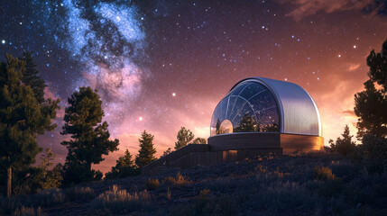 Modern Observatory Structure under Starry Night Sky with Milky Way Galaxy, Scenic Landscape and Vibrant Colors Illuminating the Surroundings