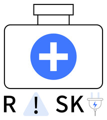 Emergency medical kit with blue cross, electric plug, hazard warning sign, text RISK. Ideal for health, safety, first aid training, medical awareness, risk management emergency preparedness