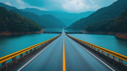 A scenic perspective of a long road stretching towards the horizon beside the dam.