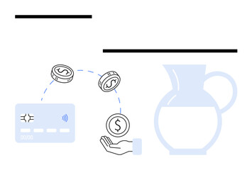 Hand holding coins next to a credit card with dollar signs shows digital payment concept. Ceramic pitcher signifies saving or collecting money. Ideal for finance, banking, e-commerce, savings