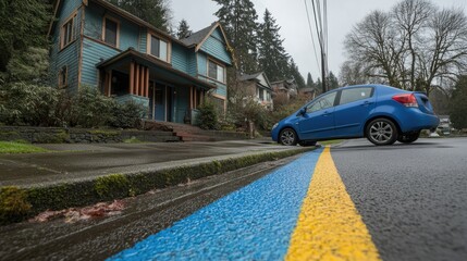 Obraz premium A shared curb lane with painted lane markers guiding vehicle movement.