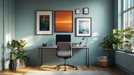 Modern home office with stylish decor, vibrant wall art, and lush plants in a sunny room