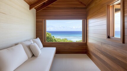 Fototapeta premium Cozy seaside wellness cabin with panoramic ocean views, featuring natural decor, soft lighting, and inviting spaces for rejuvenation.