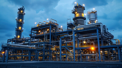 Fototapeta premium A powerful chemical plant with intricate machinery used in the production of various chemicals, emitting a sense of mystery through its complex design and subdued lighting.