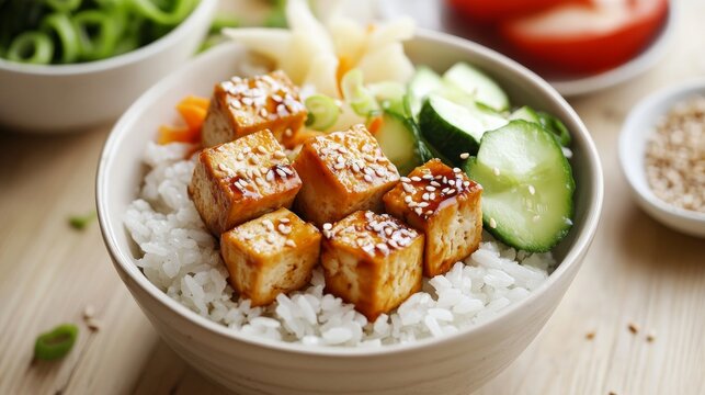 Detailed image of sushi rice with marinated tofu and vegetables on a light wooden surface, highlighting fresh and healthy aspects. Perfect for plant-based diets and recipe collections.