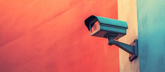 Surveillance camera mounted on a colorful wall, monitoring the area for security purposes