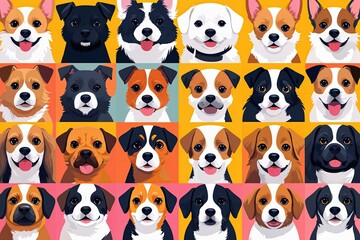 Vibrant Playful Puppy Icon Pack Featuring Flat Design Adorable Dog Faces and Diverse Breeds