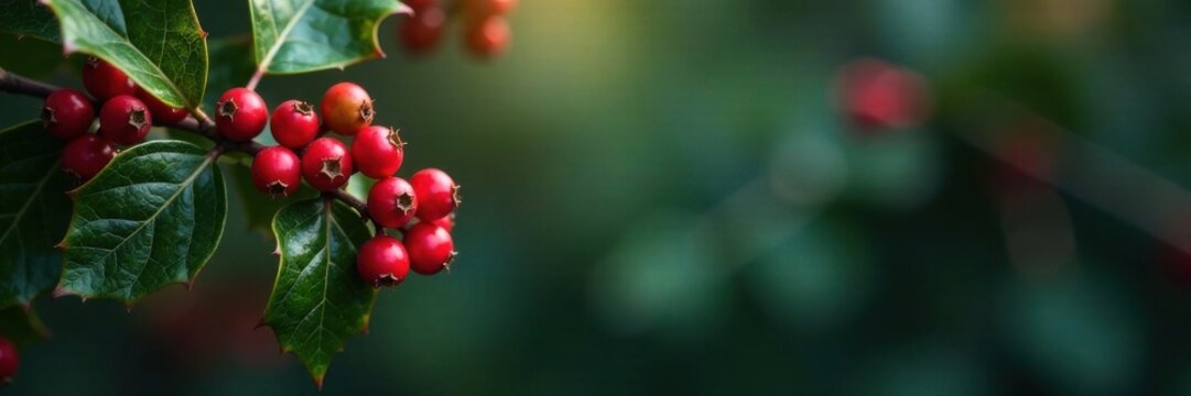 Red berries and holly branch , blue background vector, christmas, green leaves