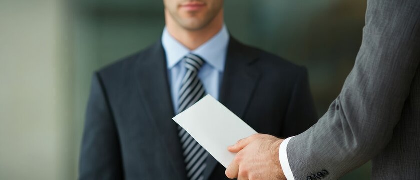 Confident professional handing over a resignation letter, shaking hands with a boss, symbolizing mutual respect and the courage to quit for a greater opportunity ahead