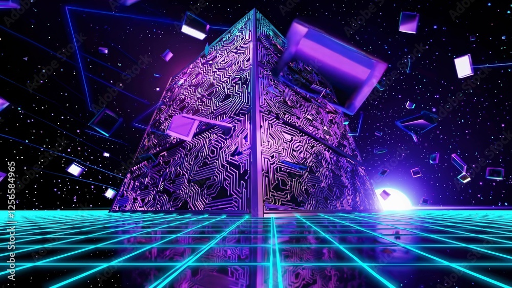 Poster futuristic pyramid with circuit board texture floating in cyberspace with glowing grid floor and fly