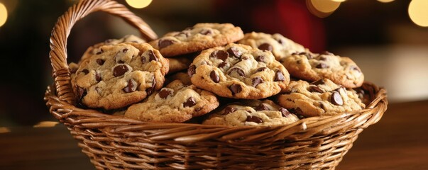 Obraz premium Basket of fresh chocolate chip cookies with blurred warm lights in the background