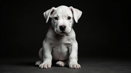 Fototapeta premium A striking monochrome portrait of a Dogo Argentino puppy, its white fur contrasting against a dramatic dark background. Its strong yet innocent expression exudes elegance and artistic depth.
