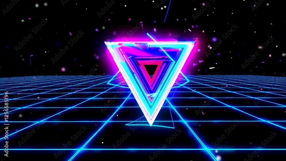 Wall mural glowing neon triangles float over a retro grid in a digital world, creating a vibrant and futuristic