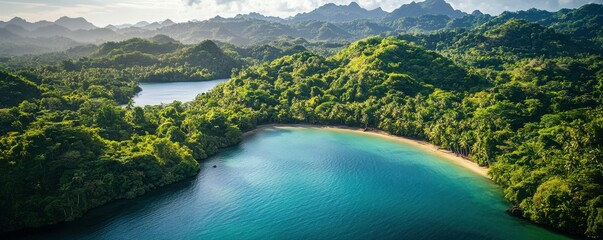 Tropical paradise with lush greenery and pristine beach in mountainous landscape