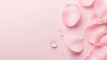 Pink Rose Petals and Dewdrops: Delicate pink rose petals scattered artfully on a soft pink background, adorned with glistening dewdrops, creating a serene and elegant image.  