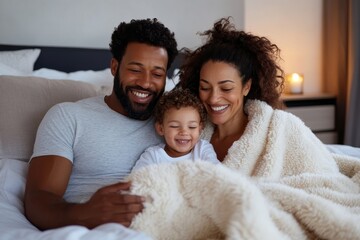 A loving family smiles warmly while snuggled up in bed under a fluffy blanket, highlighting the joy of togetherness and intimacy in a cozy home environment.