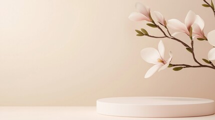 Magnolia Bloom Minimalist Display: Elegant magnolia blossoms delicately arch over a clean, circular display platform, set against a soft beige backdrop. This image exudes serenity and sophistication.