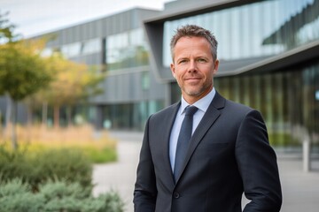 Fototapeta premium Businessman in suit stands confidently outside modern office building