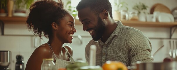 Happy african young couple cooking together in cozy home kitchen