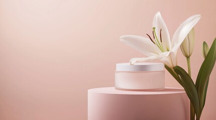 Lily and Cream Jar on Pink Platform: A pristine white lily, with its delicate petals and graceful stem, rests alongside a sleek jar of cream on a soft pink platform.